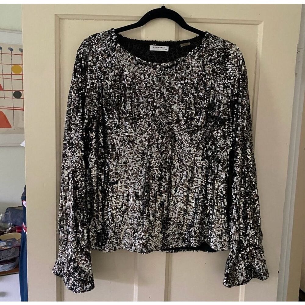 Equipment Abeline Sequin Long Sleeve Top silver black size medium - Picture 2 of 5